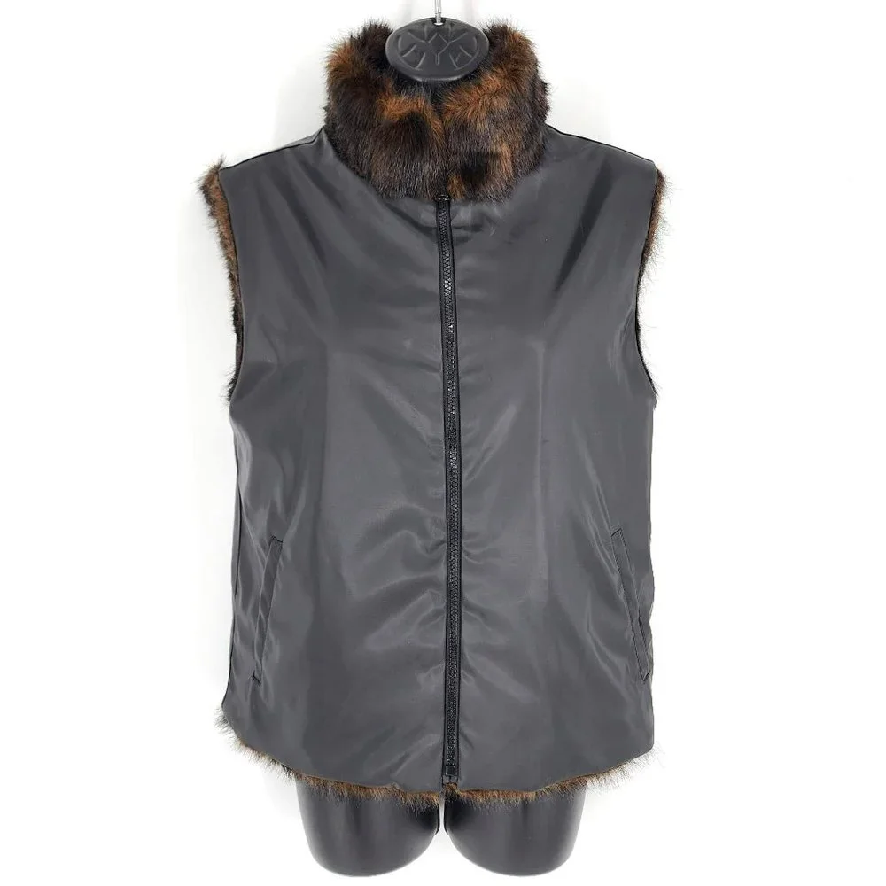 Giacca Vest Faux Fur Reversible S Chocolate Brown Black Dual Pockets Warm Cozy